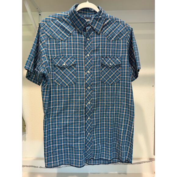 Wrangler Pearl Snap Short Sleeve Button Down Size XL Blue Plaid with Yellow‎ - Picture 1 of 7